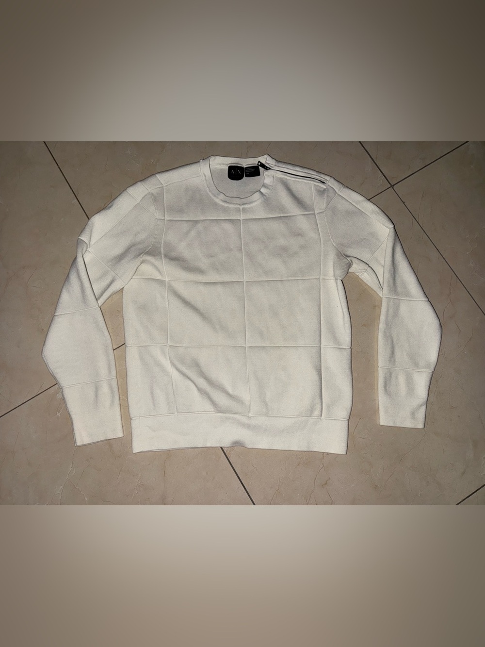 Small A|X Armani Exchange Mens White Grid Knit Shoulder Zip Crewneck Sweater